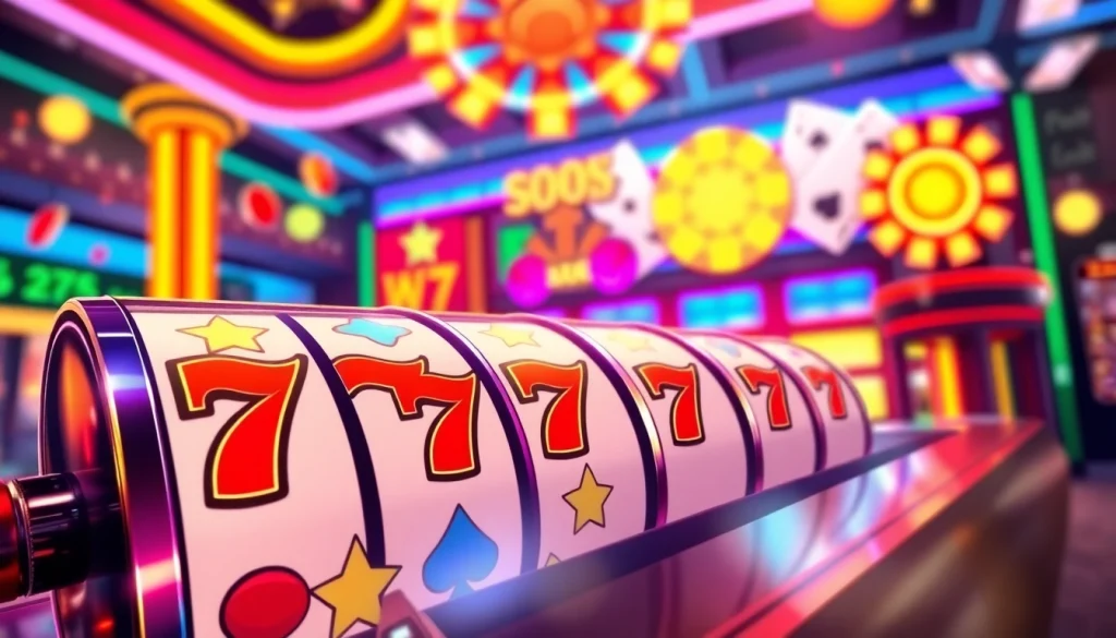 Menggambarkan slot depo 1k yang menarik dengan elemen permainan casino online yang penuh warna.