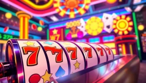 Menggambarkan slot depo 1k yang menarik dengan elemen permainan casino online yang penuh warna.