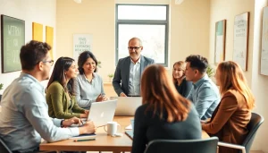 Engaging business coaching service session with diverse clients in a professional office.