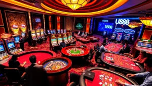 Experience the excitement of U888 online betting with vibrant casino gaming tables and lively players.
