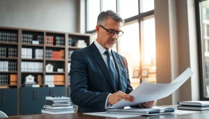 Real estate lawyer reviewing contracts in a sophisticated office environment.