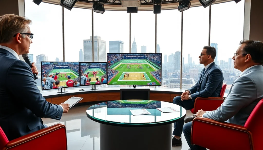 Engaging scene of sports broadcasting with analysts discussing game footage in a vibrant studio.
