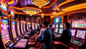 Pemain menikmati permainan slot deposit pulsa tanpa potongan di kasino yang meriah dengan mesin slot yang ramai.