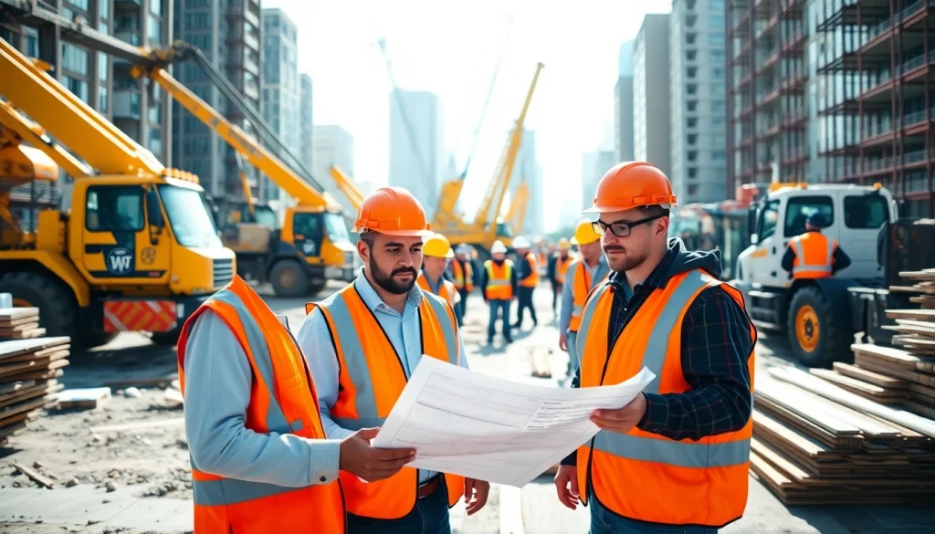 Workers advancing their construction career by collaborating on a busy job site.
