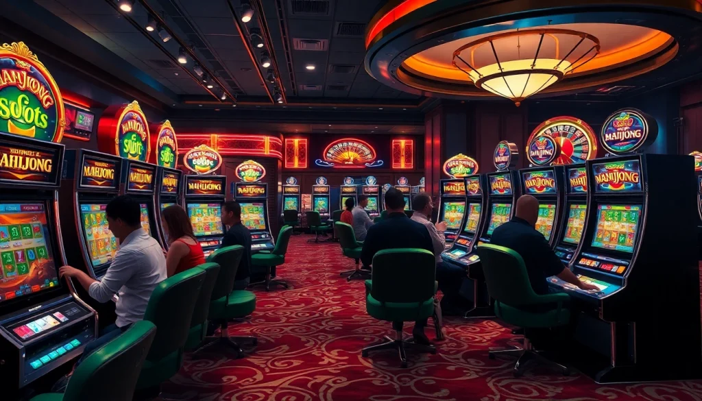 Players enjoying a slot demo mahjong experience on colorful machines amid an upscale casino setting.