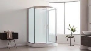 Duschkabine 90x90 komplett in einem eleganten Badezimmer-Setup, das Licht und Stil vereint.