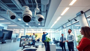 Cámaras Dahua en una configuración de seguridad de oficina moderna con monitoreo en vivo.