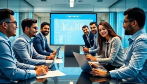 Business team collaborating on Contract Management strategies in a modern office setting.