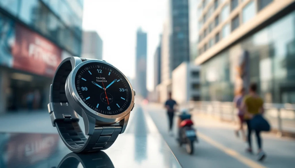 Show casing advanced Pulse Smart Watch features against an urban backdrop, emphasizing a modern lifestyle.