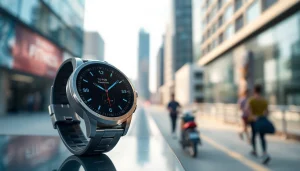 Show casing advanced Pulse Smart Watch features against an urban backdrop, emphasizing a modern lifestyle.