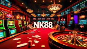 NK88 players competing at a vibrant poker table in an upscale casino atmosphere.