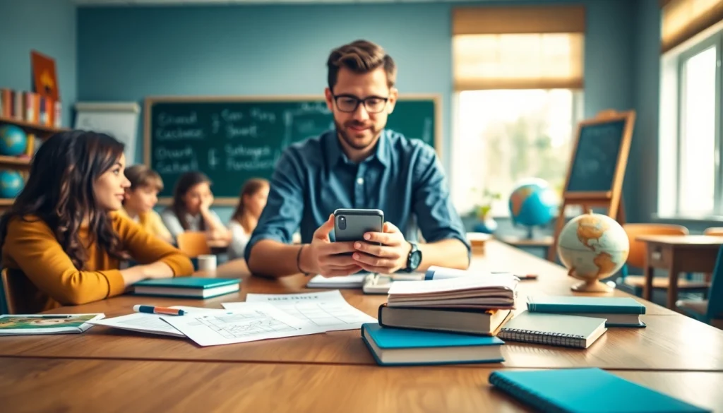 Lehrer zeigt Schülern eine Handytasche Lehrer im Klassenzimmer.