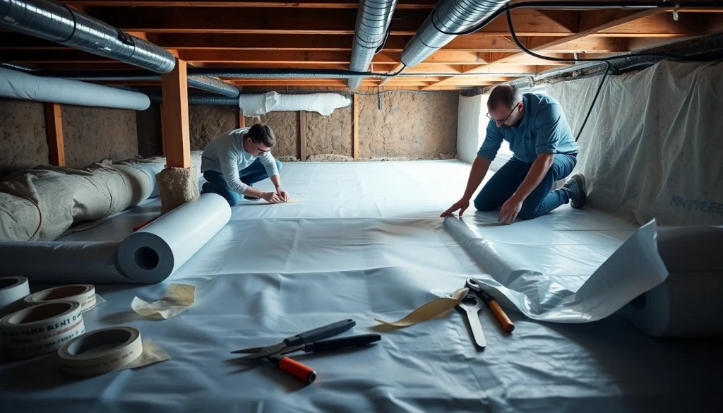 Vapor Barrier Installation process with workers applying a plastic barrier in a crawl space.