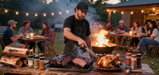 Delicious rokok88 daftar smoked meats being prepared outdoors with friends enjoying BBQ.