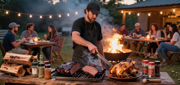 Delicious rokok88 daftar smoked meats being prepared outdoors with friends enjoying BBQ.